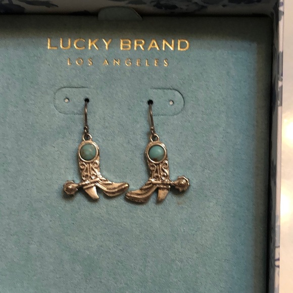Lucky Brand Silver Tone Cowboy Boot Drop Earrings Turquoise Accent NWT - Picture 2 of 11